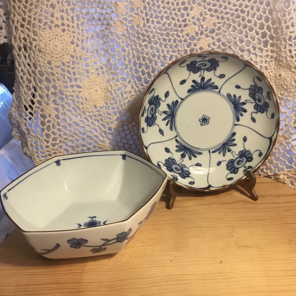 Antique Pair Chinese Blue and White Porcelain Plate & Bowl ~ Signed